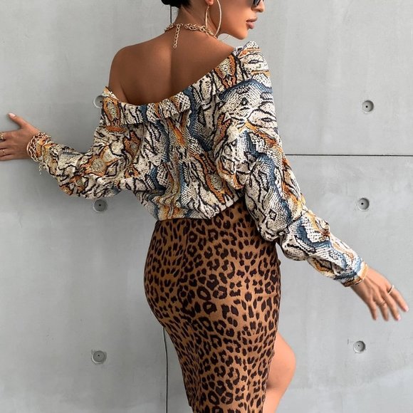 Multicolor Casual Womens Snakeskin Print Button Front Blouse - Picture 2 of 5